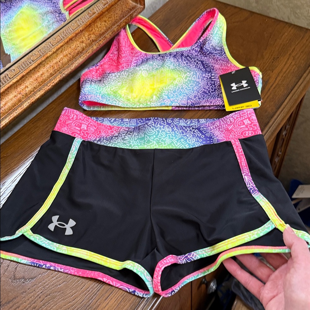 Under Armour Girls Neon Rainbow swim top & Black matching shorts bottom. Sz 14.
